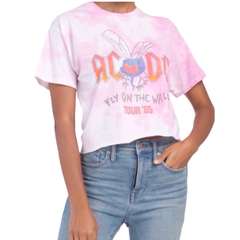 AC/DC “Fly on the Wall Tour 85” Tie Dye Graphic Crop Band Tee (NWOT) (Size: Lg.)